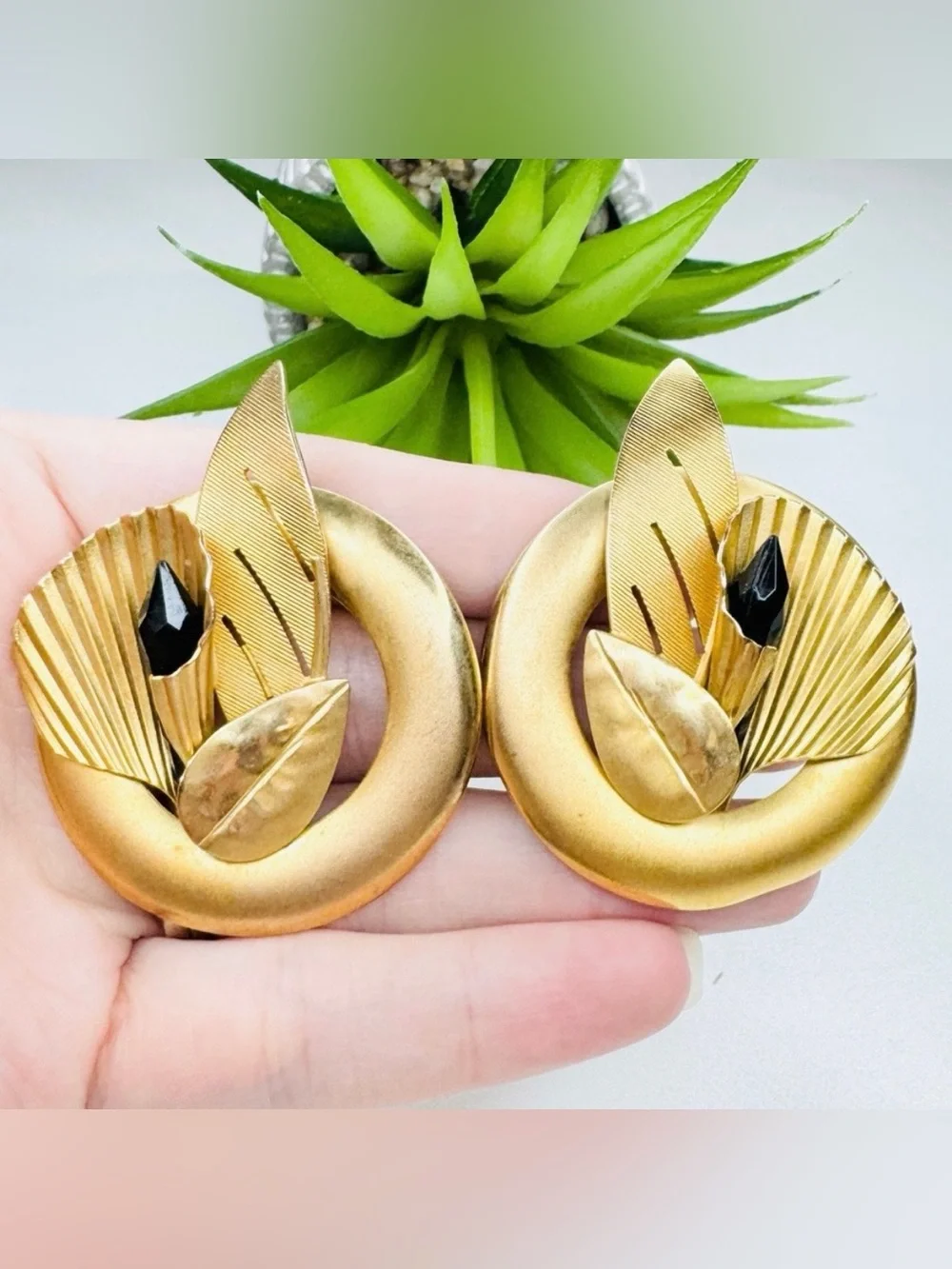 Vintage 80s Art Deco Satin Gold Tone Black Crystal Abstract Leaf Clip Earrings